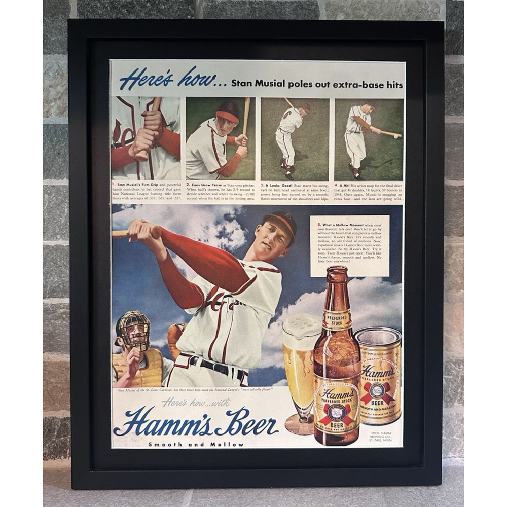 Framed 1949 Stan Musial Baseball Hamm's Beer Milwaukee Ad Magazine Print